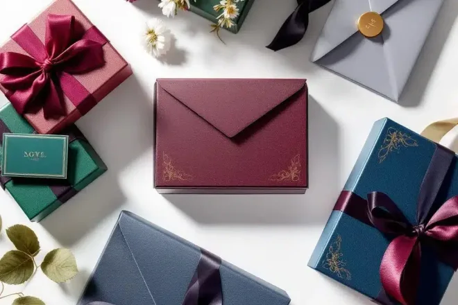 Luxe cadeaukaart verpakkingen in juweel tinten met metallic accenten op witte achtergrond, bovenaanzicht