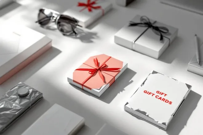 Bovenaanzicht werkruimte met voorbeelden van slecht ontworpen cadeaukaartverpakkingen met rode waarschuwingsaccenten