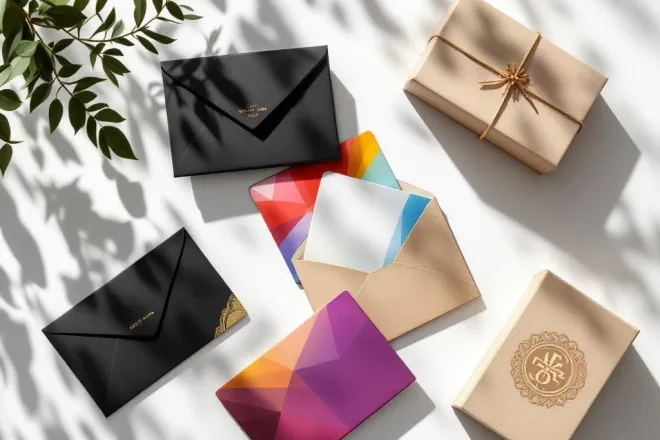 Diverse cadeaukaart verpakkingen in premium stijlen op witte ondergrond met natuurlijk licht en textuurdetails