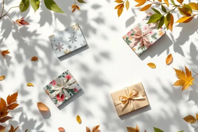 Cadeaukaarten in luxe verpakkingen met vier seizoensthema's: winter, lente, zomer en herfst op witte achtergrond