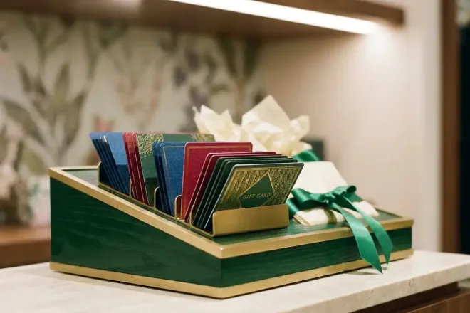 Cadeaubonnen uitgewaaierd in een elegante houder op een boetiekbalie, omringd door zijdepapier en lint in crème, smaragdgroen en goud.