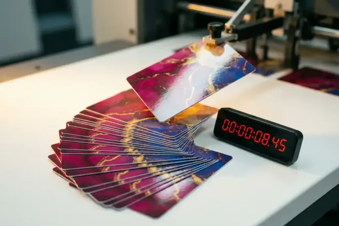 Stapel glanzende cadeaukaarten in magenta en goud op wit oppervlak, één kaart omhoog geheven onder warm gouden licht.
