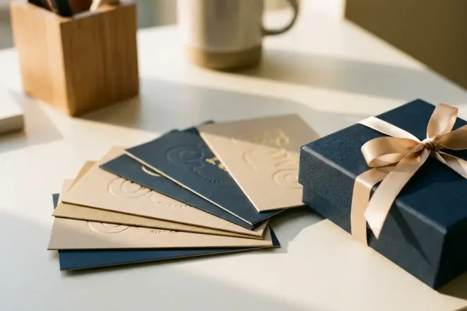 Waaiervormig gestapelde premium cadeaubonnen naast een klein ingepakt doosje met satijnen lint op een wit bureau, in goud- en marineblauw tinten.