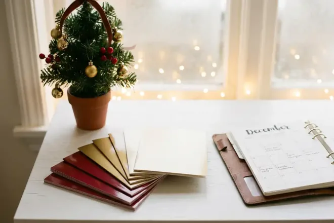 Glanzende cadeaukaarten uitgewaaierd op wit bureau naast mini kerstboom en december-agenda, warme gouden bokeh op achtergrond.