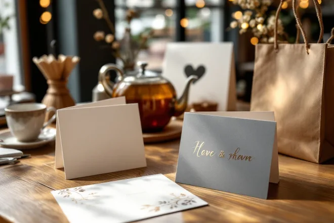 Elegante gepersonaliseerde cadeaukaarten in waaieropstelling op houten bureau, met verschillende afwerkingen, naast handgemaakte koffiekop en ambachtelijke tas.