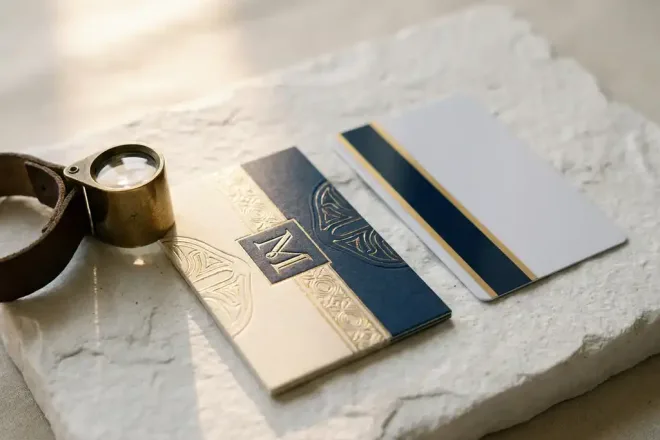Twee cadeaukaarten naast elkaar: één met matte premium afwerking en reliëfdetails, één dun en glanzend, met een juweliersloepe erbij.