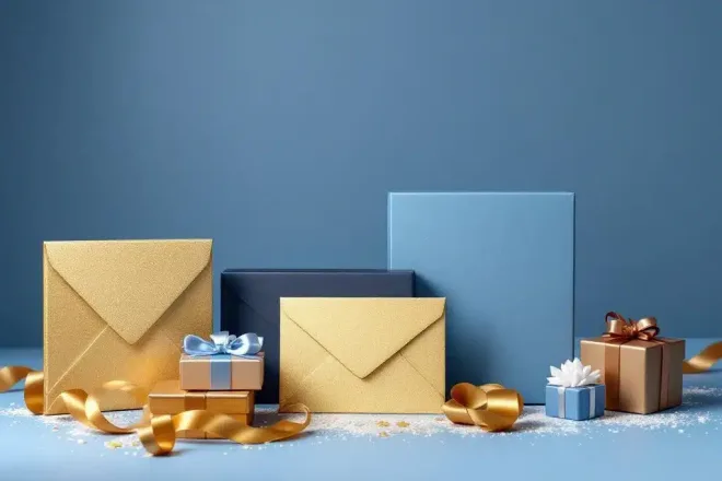 Luxe cadeaukaarten in diverse verpakkingsopties, van eenvoudige envelop tot premium geschenkdoos met lint, naast een gouden kaart en kostenweegschaal op blauwe achtergrond.