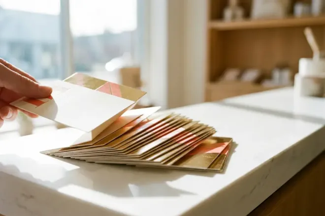 Stapel glanzende cadeaukaarten uitgewaaierd op een witte toonbank, één kaart licht opgeheven, warm gouden en wit kleurenpalet.