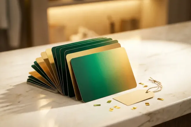 Stapel premium gepersonaliseerde cadeaukaarten uitgewaaierd op witte toonbank, één kaart vooraan met levendige kleurverloop in smaragdgroen en goud.