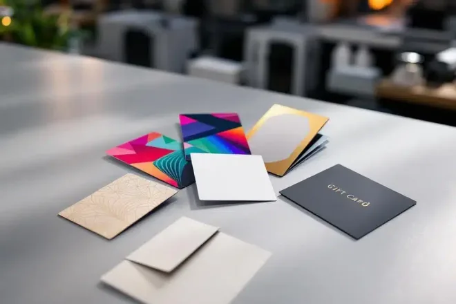 Professioneel uitgestalde premium cadeaukaarten in halfronde waaier met verschillende ontwerpen, afwerkingen en bijpassende enveloppen.