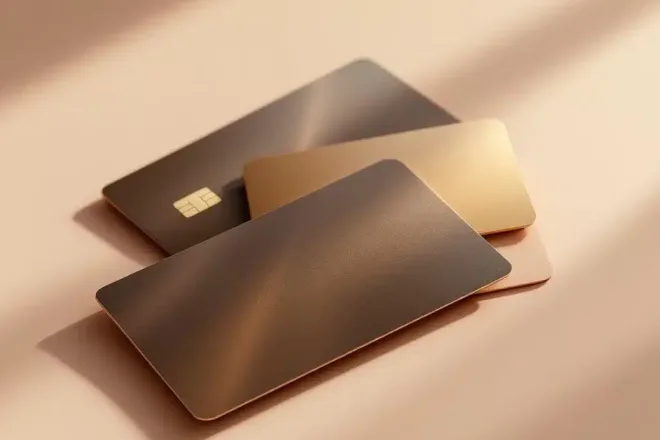 Drie elegante cadeaukaarten in creditcardformaat, trapsgewijs gerangschikt met metalen accenten, matte eco-vriendelijke en glanzende professionele afwerkingen in een premium omgeving.