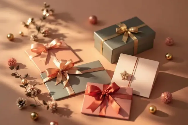 Elegante cadeaukaarten in diverse kleuren, gerangschikt naast kortingsbonnen en een loyaliteitsstempel op een stijlvol retail-oppervlak.