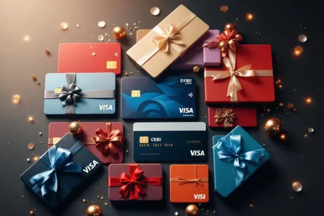 Professionele compositie van diverse cadeaukaarten in verschillende formaten en materialen, waaronder PVC, karton en biologisch afbreekbare opties.