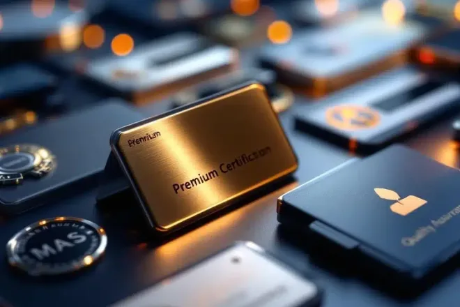 Professionele naamkaartjes met certificatiesymbolen in metaal en plastic op moderne blauwe achtergrond