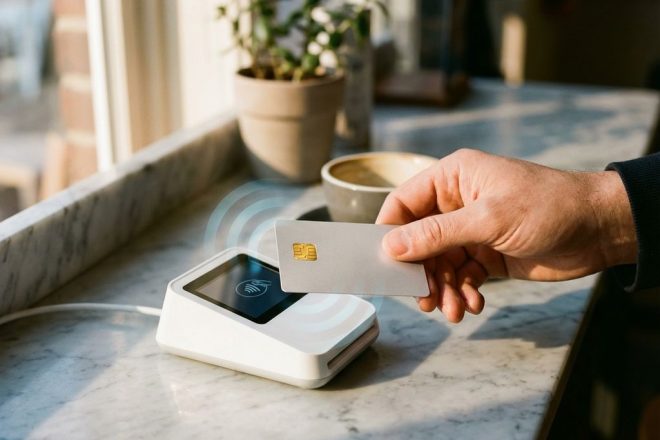 Hand houdt contactloze betaalkaart boven witte kaartlezer op marmeren toonbank in coffeeshop