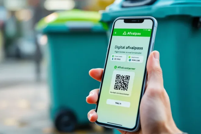 Smartphone met digitale afvalpas-app naast een traditionele plastic pas, met afvalcontainer op achtergrond. Moderne RFID-technologie in milieuvriendelijke tinten.