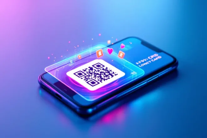 Smartphone met digitale loyaliteitskaart en QR-code naast traditionele plastic kaart op blauwe ondergrond, met zwevende beloningspictogrammen.