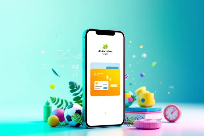 Smartphone met digitale loyaliteitskaart voor verenigingen, omringd door sportuitrusting en instrumenten, met datavisualisatie en een vervaagde papieren kaart op de achtergrond.