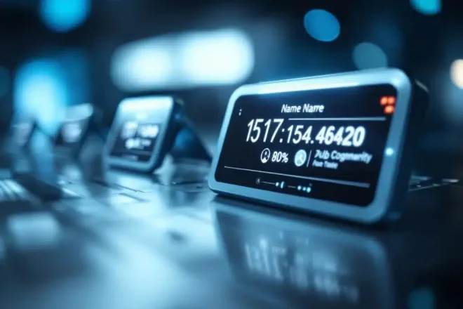 Digitale naamplaatjes met LED-schermen en draadloze connectiviteit in moderne zakelijke omgeving met blauwe verlichting