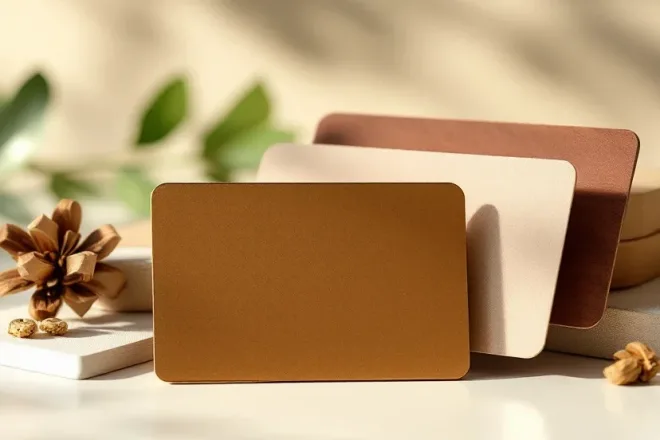Een fotorealistische afbeelding van cadeaukaarten van hout, plastic en gerecycled papier, met natuurlijke elementen en een ecovriendelijke uitstraling.