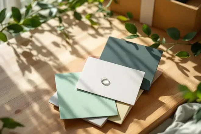 Duurzame cadeaukaarten van bamboe, gerecyclede PET, FSC-papier en PLA op houten tafel met natuurlijk licht en groene planten op achtergrond.