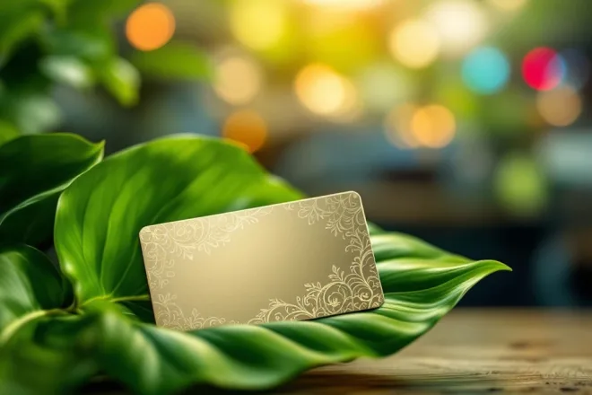 Een groene blad houdt glanzende cadeaukaarten vast, symbool voor duurzame kwaliteit, met een eco-vriendelijke achtergrond.