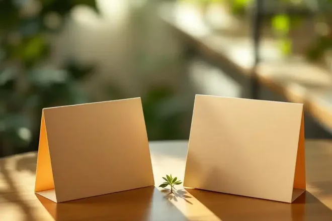 Cadeaukaarten vergelijking: traditionele plastic kaart naast duurzame bamboe variant op houten tafel met klein groen plantje ertussen, in natuurlijke omgeving met zonlicht.