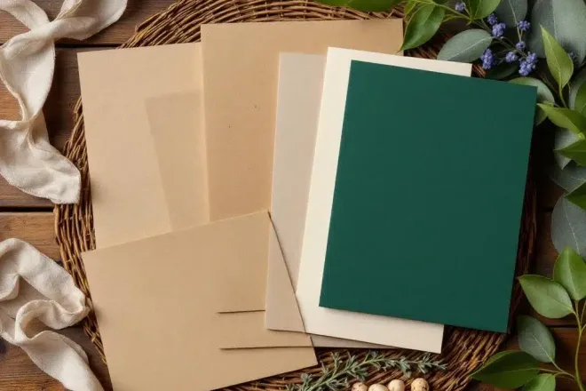 Duurzame klantenkaarten van diverse milieuvriendelijke materialen uitgespreid op houten oppervlak, met een groen blad als symbool voor duurzaamheid.