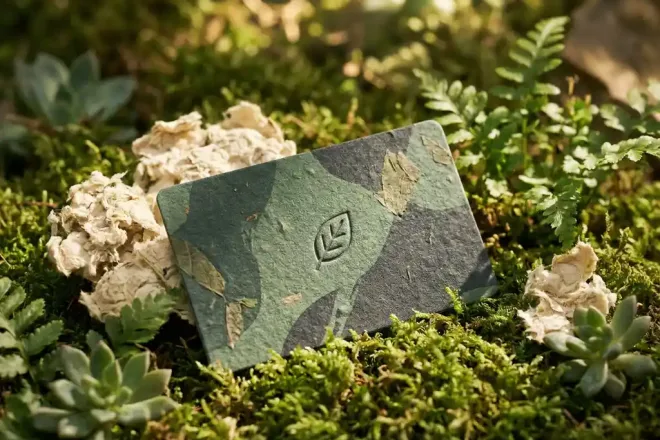 Milieuvriendelijke loyaliteitskaart van gerecycled materiaal op groen mos, omgeven door duurzame plantjes in warm natuurlijk licht.
