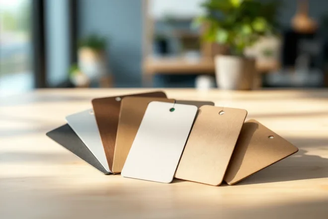 Duurzame RFID-toegangskaarten van bamboe, gerecycled papier en bioplastic in waaiervorm op houten oppervlak met kleine plant.