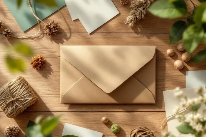 Eco-vriendelijke cadeaukaart verpakking van gerecycled kraftpapier met duurzame materialen op houten ondergrond