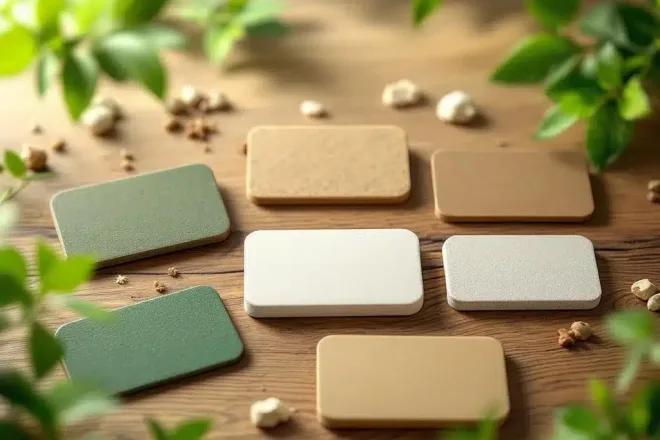 Duurzame naamkaartjes van gerecycled karton, bamboe en biologisch afbreekbaar plastic op houten ondergrond