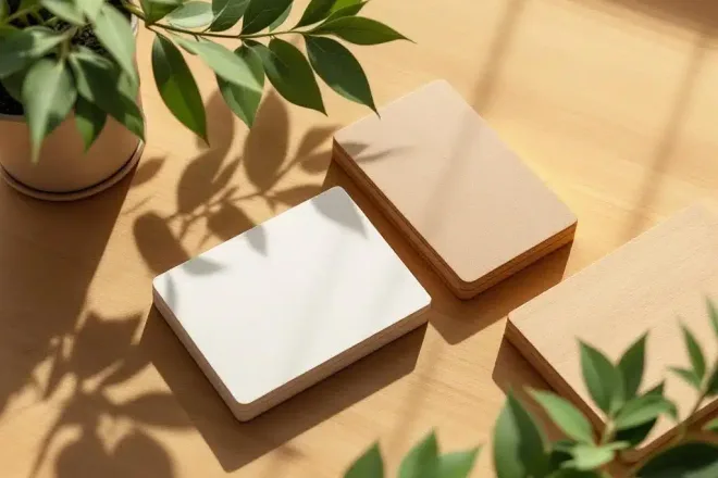 Drie duurzame toegangspassen van gerecycled karton, bamboe en bioplastic op houten bureau met groene planten