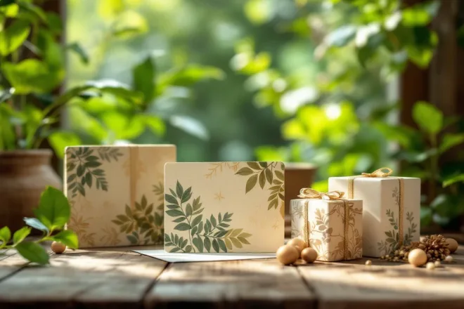 Fotorealistische afbeelding van duurzame cadeaukaarten op een houten tafel, omgeven door groen, met nadruk op milieuvriendelijkheid.