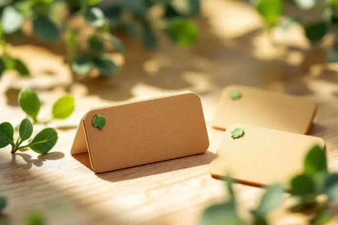 Milieuvriendelijke naamkaartjes van duurzame materialen op houten tafel met groene planten en natuurlijk licht