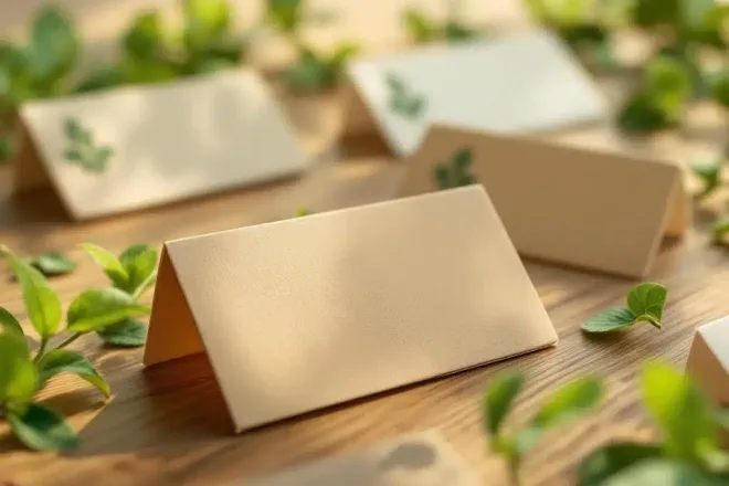 Milieuvriendelijke naamkaartjes van bamboe en gerecycled karton op houten oppervlak met groene bladeren