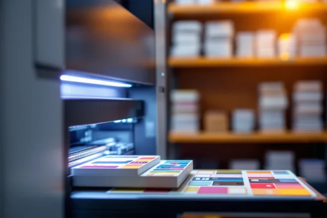 Een moderne printer drukt kleurrijke cadeaubonnen af. Op de achtergrond netjes gestapelde kaarten. Sfeervol en professioneel.