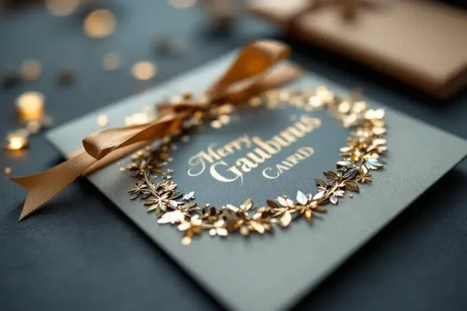 Elegante cadeaukaart met deels verwijderde luxe sticker op professionele werkruimte. Tweede kaart met intact label. Warm licht toont textuuren hoogwaardig drukwerk.