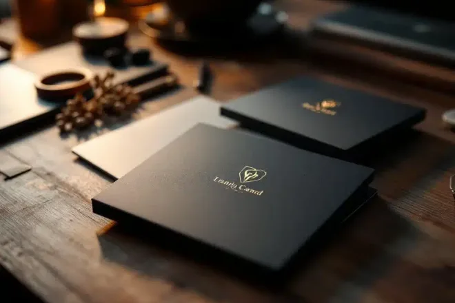 Elegante cadeaukaarten met verschillende afwerkingen overlappend op houten tafel, met een zichtbaar logo en onscherpe ontwerptools op achtergrond.