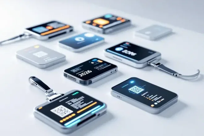 Futuristische naambadges met holografische displays, QR-codes en LED-elementen op wit oppervlak in moderne kantooromgeving