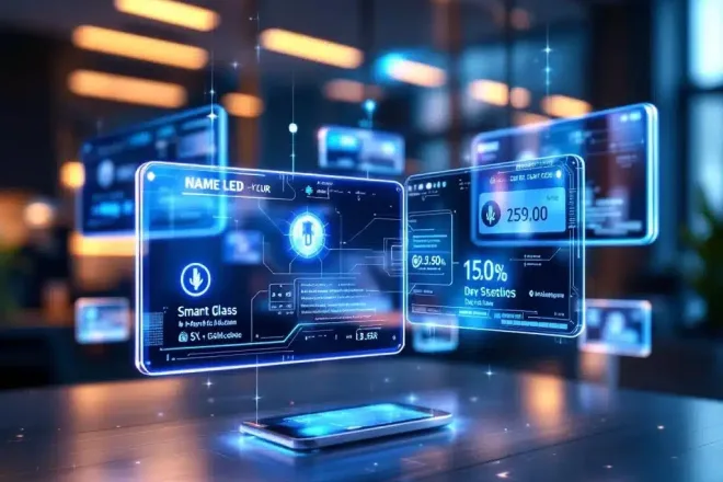 Futuristische naamkaartjes met holografische displays en LED-verlichting zweven boven moderne werkplek in blauw-zilver