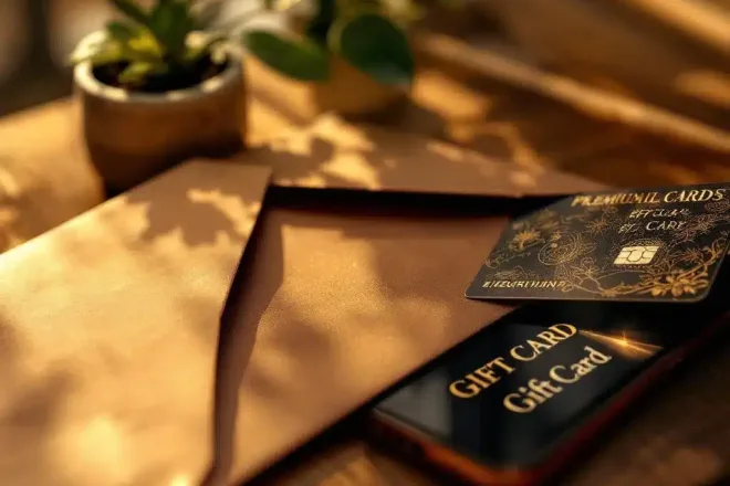 Elegante fysieke cadeaukaart die uit premium envelop komt naast smartphone met digitale versie op houten tafel, met duurzame plant op achtergrond.