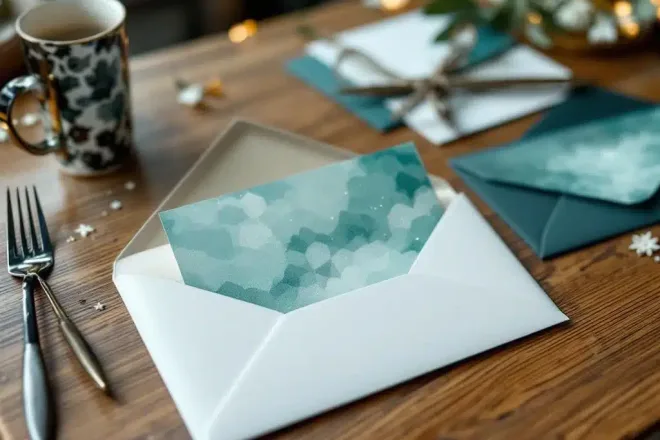 Gepersonaliseerde cadeaukaart in luxe envelop met kleurovergang van blauw naar groen, omringd door duurzame materiaalmonsters en diverse ontwerpen op houten tafel.