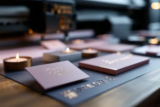 Elegante stapel gepersonaliseerde cadeaukaarten met exclusieve afwerkingen zoals embossing en foiling op een werktafel in een moderne drukkerij.