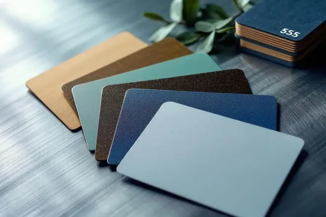 Gepersonaliseerde cadeaukaarten in elegante waaier op metalen oppervlak, met premium afwerkingen, QR-codes en duurzame materialen in rijke blauwe en groene tinten.