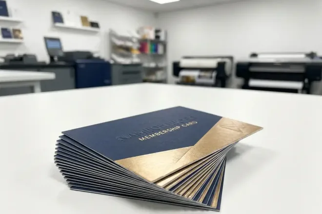 Gepersonaliseerde ledenpassen met reliëf en metallic afwerking, uitgewaaierd op wit bureau in professionele printstudio.