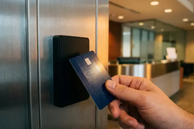 Aangepaste RFID-kaart bij zwarte kaartlezer op geborsteld stalen oppervlak, moderne bedrijfsreceptie op de achtergrond.