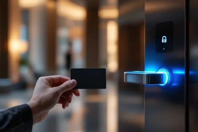 Een moderne hotel lobby met RFID-technologie; een RFID-kaart wordt bij een futuristisch deurslot gehouden, met een blauwe gloed.