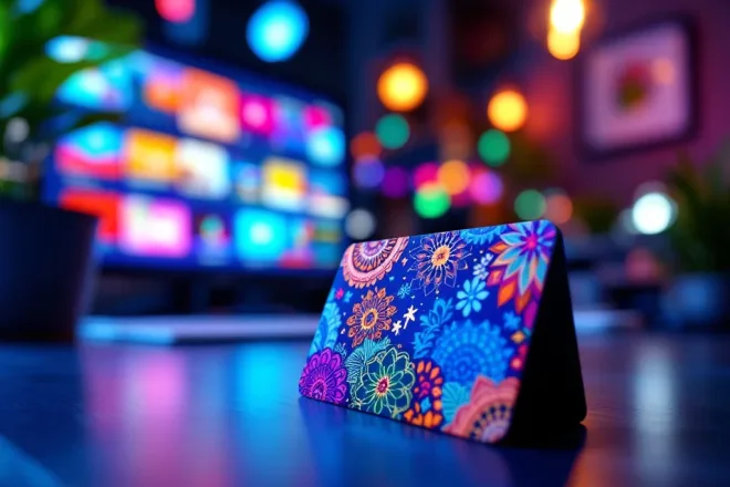 Een moderne werkruimte met kleurrijke, gedetailleerde cadeaukaart in de voorgrond en internationale ontwerpen op een digitaal scherm.