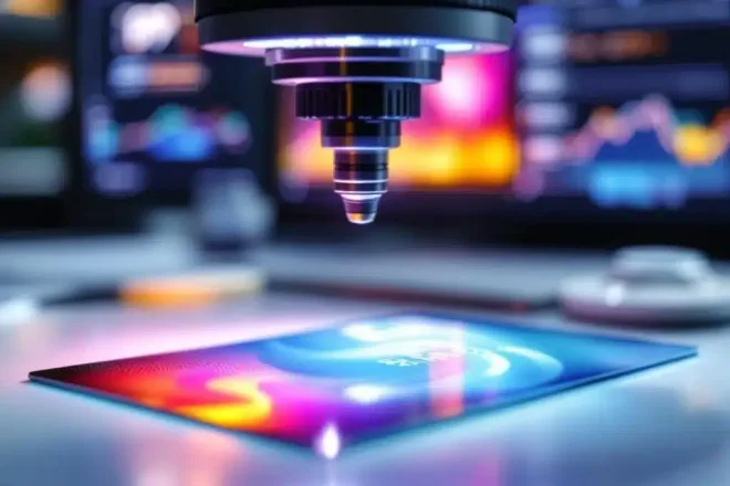 Plastic kaart onder loep met DPI-instellingen op computerscherm, kwaliteitscontrole professionele kaartdruk